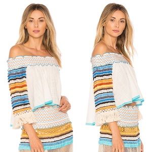 CHIO Off The Shoulder Ruffle Knit Sleeve Top